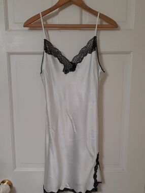 Victoria's Secret White Satin Slip with Black Lace Trim